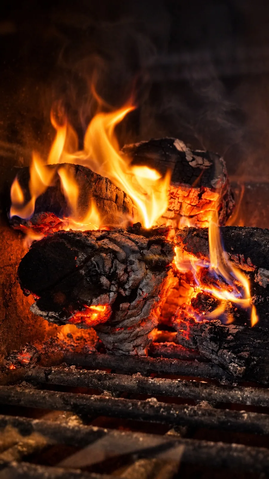 El fuego de leña ardiendo en la parrilla de Madero
