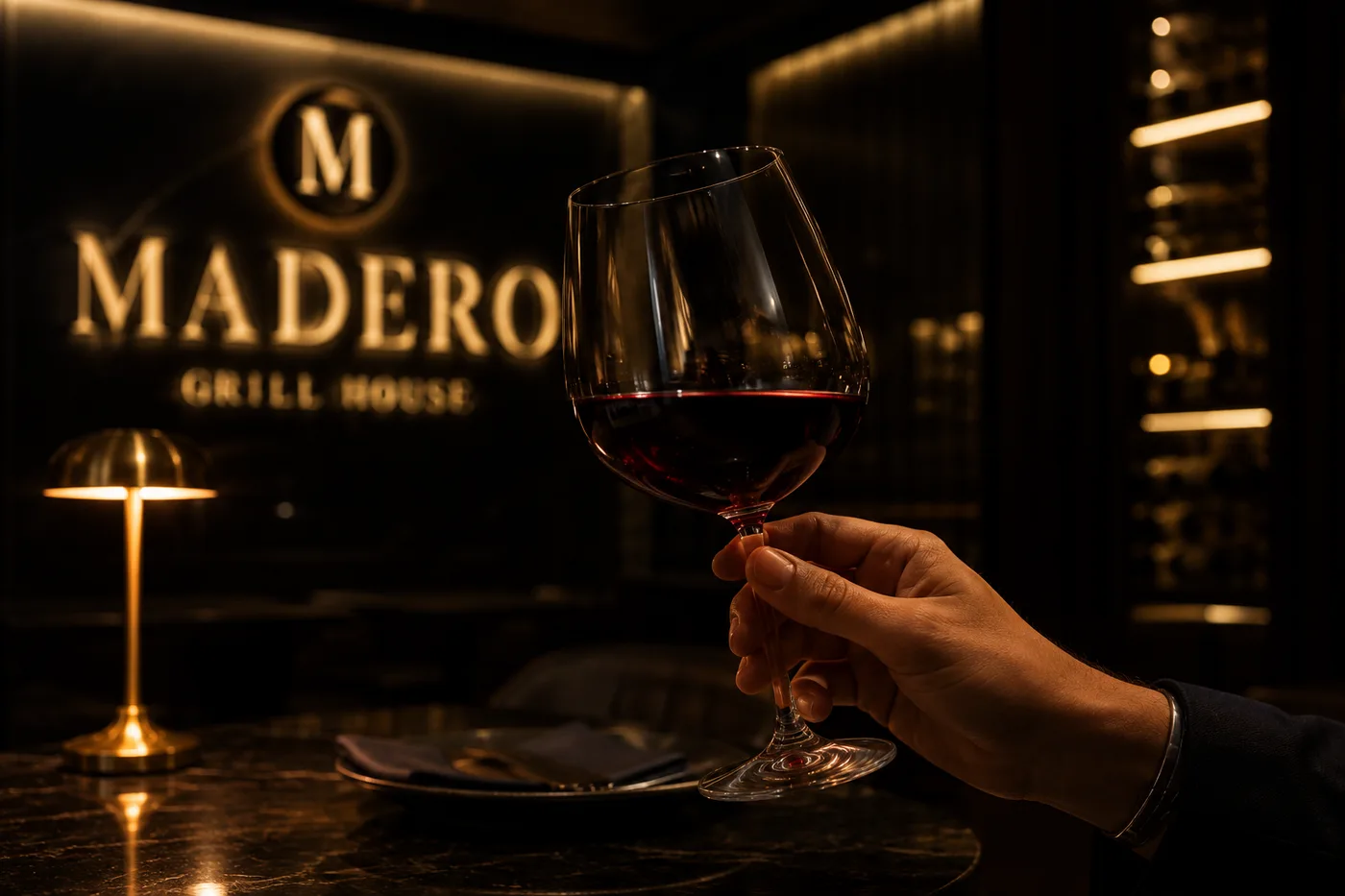 Una copa de vino sobre la mesa, frente al logo de Madero