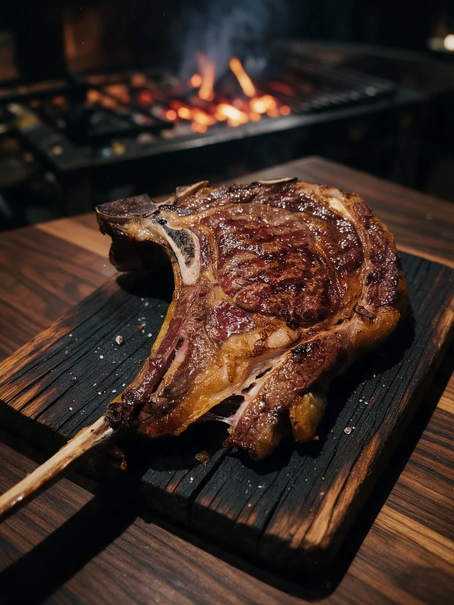 Il tomahawk di Madero, appena cotto, sul tagliere accanto al fuoco