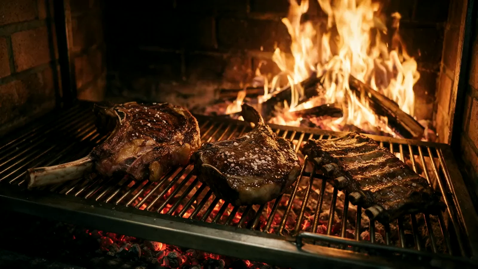 Tomahawk, costata e costine di manzo sulla griglia in muratura di Madero, con la brace sotto e il fuoco di legna alle spalle