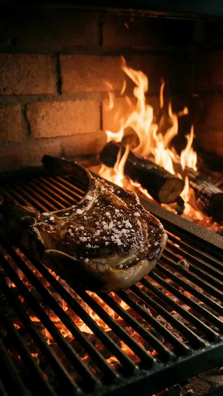 La costata sulla griglia in muratura di Madero, con il fuoco alle spalle